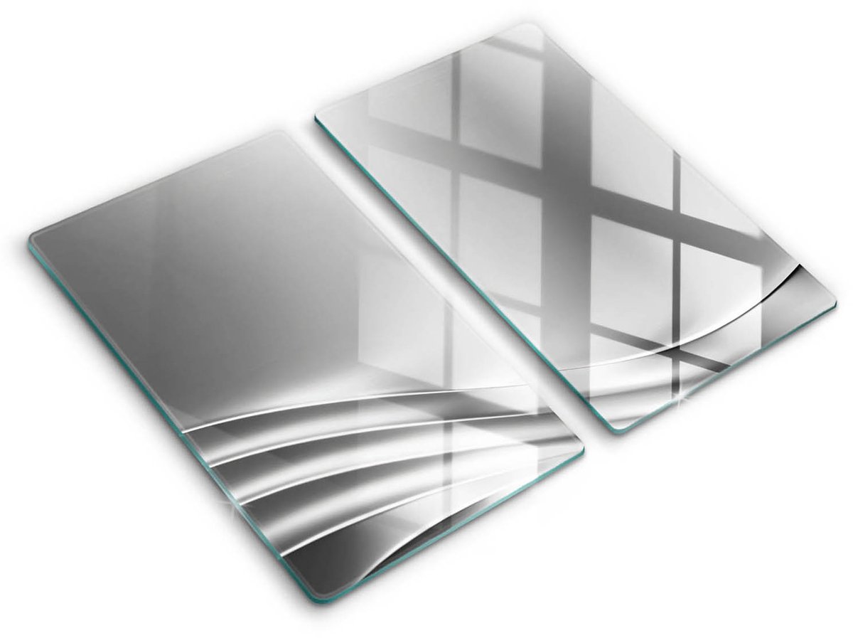 Wallfluent Glazen Snijplanken - Metalen structuur Snijplanken Glas - 2 stucks 30 cm x 52 cm - Zilver Snijplanken van Glas - Hittebestendige Glazen Snijplank - Hygiënische Snijplank van Glas - Antislip Hakplank van Glas