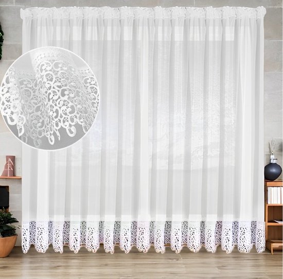 Glow Thuis – vitrage met gipure kant – licht wit blauw – kant en klaar – vitrage gordijn – 400 x 250 cm