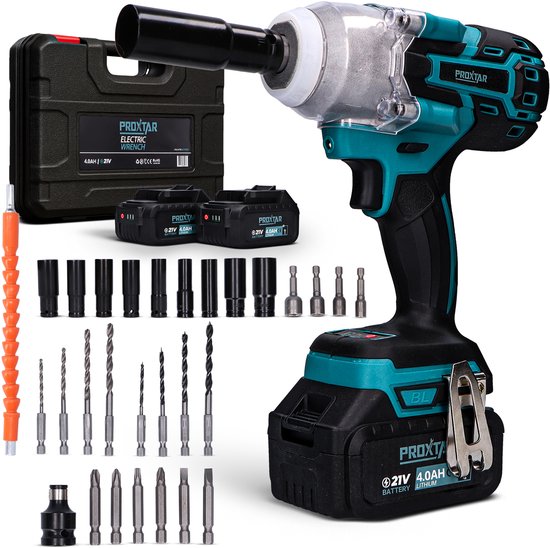Clé à chocs sans fil ProXtar - 750 Nm - Jeu de clés à chocs - Clé à chocs électrique - Visseuse à chocs - 13 douilles et 2 batteries de 4 000 mAh incluses