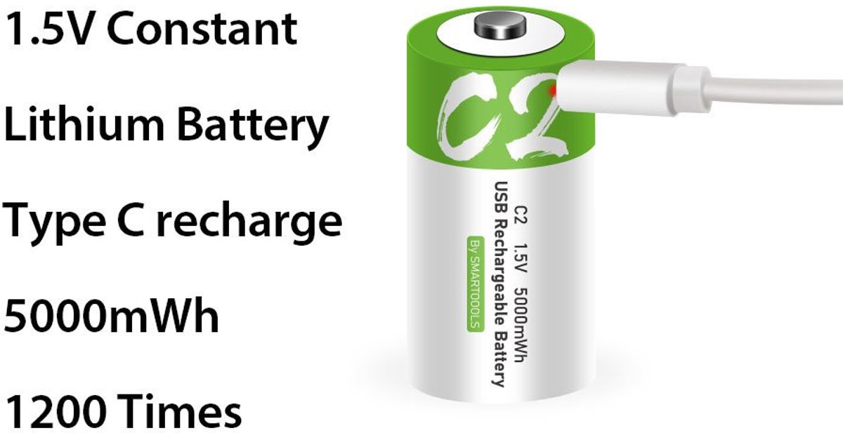 C batterij - oplaadbare C batterij - met usb-c oplaadsnoer /oplader - <1200x oplaadbaar cyclus