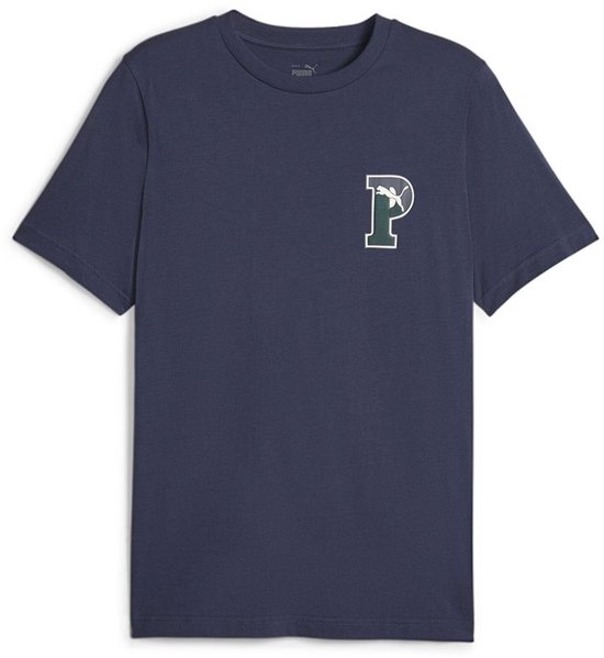 Donkerblauw Puma T-shirt met een P-logo en vissenafbeelding op de linkerborst.