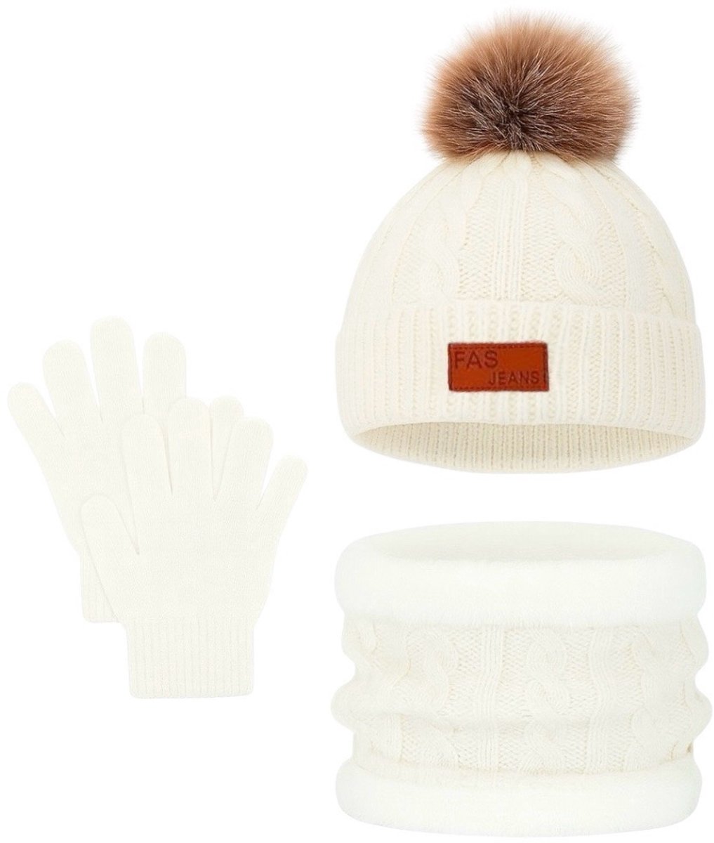 Ultiluxe® Winterset voor kinderen - Wit - Muts met handschoenen en sjaal - 2 t/m 5 jaar - Kindermuts met winter handschoenen en warme ronde sjaal - Baby, kind, meisje of jongen - 3-delige set
