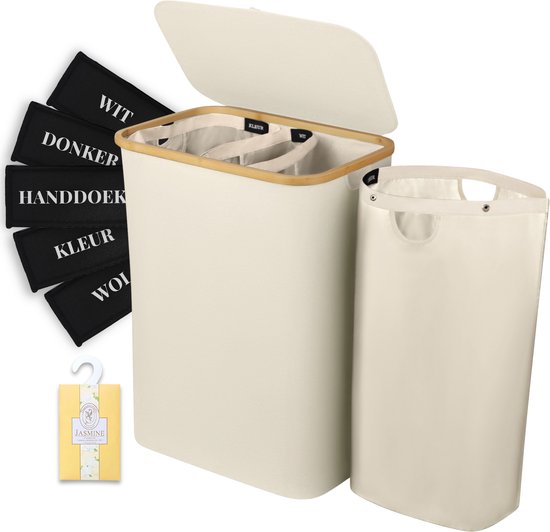 Sivableu Wasmand Beige 3 vakken – Wassorteerder – 160L – 3 uitneembare zakken – Wasmand met Deksel – opvouwbaar - Laundry Basket - Wasbox - Bamboe - Labels