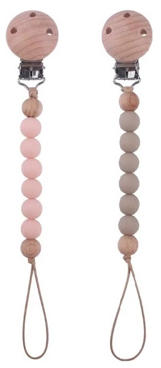 Image of 2 Stuks - Houten Speenkoord Baby - Siliconen Kralen - Roze en Beige/ Taupe