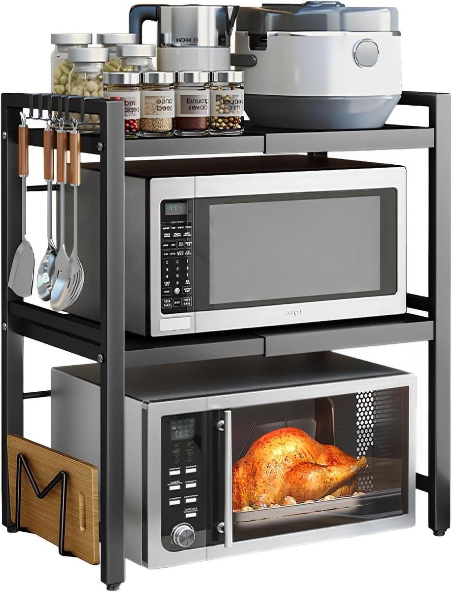 Allecto plus - Magnetronrek 3-traps uittrekbaar voor keuken - zwart met 6 haken - uittrekbaar van 40-64 cm. Organiseer jouw keuken efficiënt met dit praktische magnetronrek.