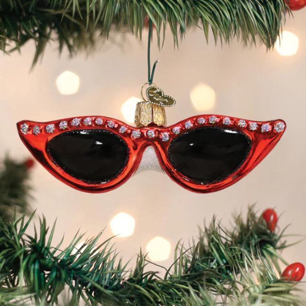 Handgemaakte glazen kerstbal zonnebril van Old World Christmas, 11,5 cm hoog.