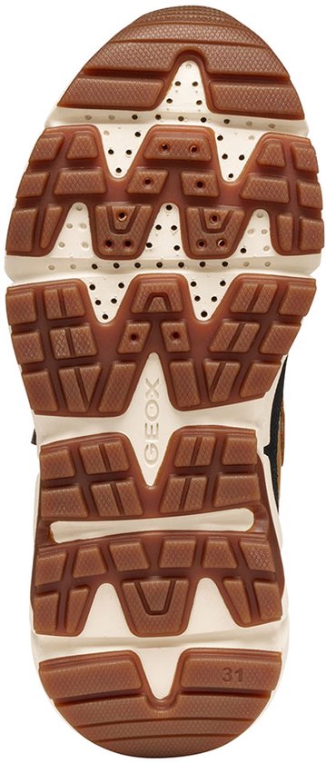 Zool van bruine sneaker met beige en zwarte details en oranje logo.