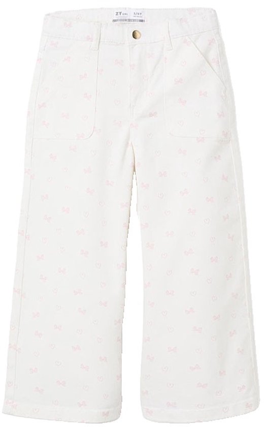 Witte 'Jessie Wide Leg' broek met all-over roze strikjes en hartjes print.