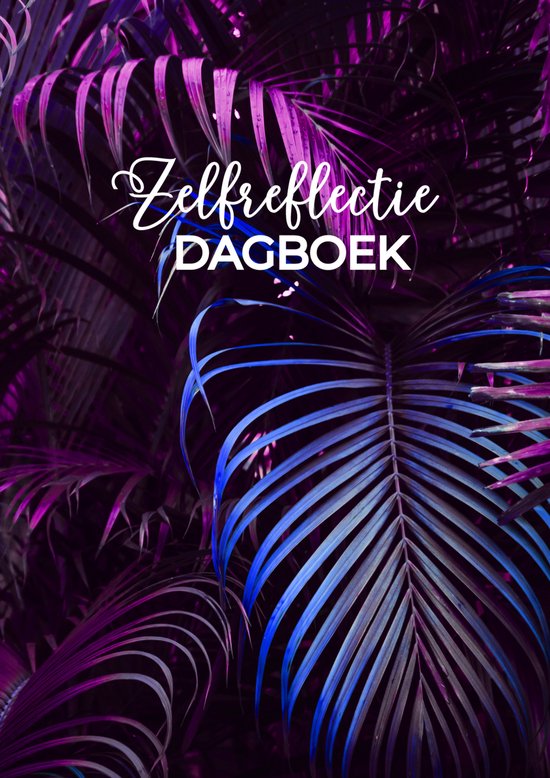 Een dagboek met paarse en blauwe palmbladeren op de kaft. De tekst 'Zelfreflectie DAGBOEK' staat in witte letters.