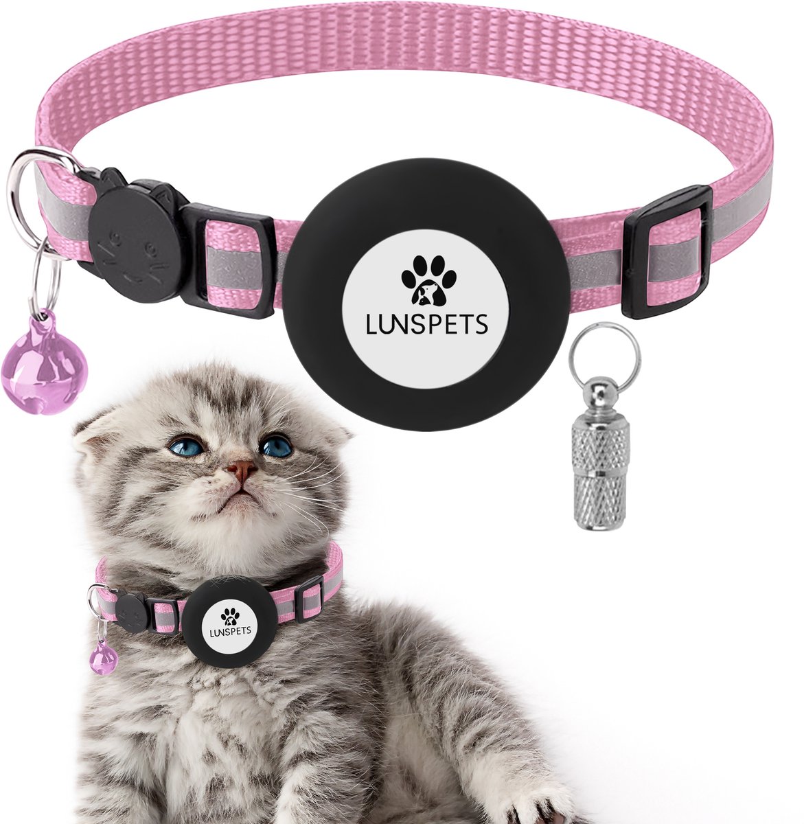 Lunspets - Kattenhalsband - Geschikt voor Airtag - Veiligheidssluiting - Reflecterend - Baby Roze
