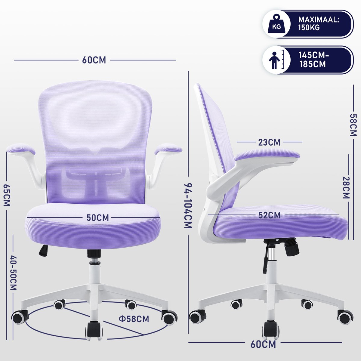 Durrafy Ergonomische Bureaustoel met Lendensteun - Paars - afbeelding 3