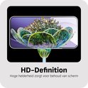 Telefoon met abstracte bloem op het scherm. Tekst: 'HD-Definition Hoge helderheid zorgt voor behoud van scherm'.