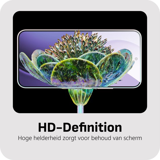 Telefoon met abstracte bloem op het scherm. Tekst: 'HD-Definition Hoge helderheid zorgt voor behoud van scherm'.