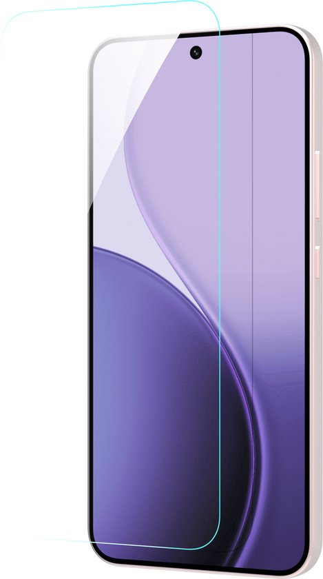 Telefoon met paars kleurenschema scherm naast een schermprotector van gehard glas.