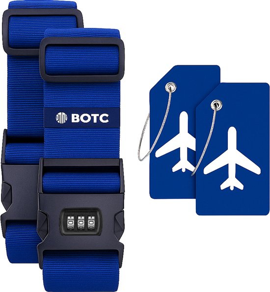 BOTC Kofferriem met Cijfer Slot - 4 stuks - 2 Kofferriem met cijferslot + 2 bagagelabels - 200 cm * 5 cm - Bagage Riem - Bagageband - Verstelbaar - Blauw
