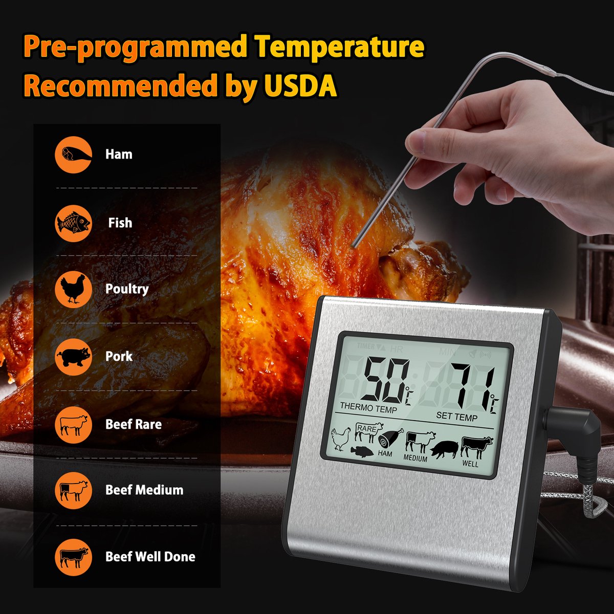 Digitale keukenthermometer met sonde en timer - groot lcd-scherm - temperatuursonde voor koken - BBQ levensmiddelen - vlees - oven - grill - nauwkeurige metingen — cadeau in Kookcadeaus - foto 3