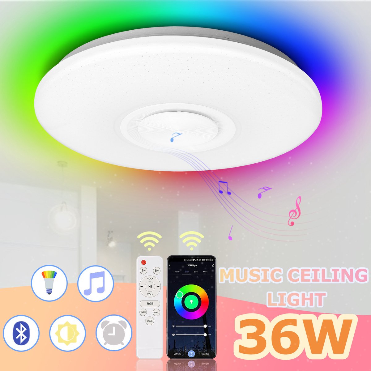 36W Dimbare LED Plafondlamp met Bluetooth Speaker & App - Multicolor RGB Verlichting, IP44 Badkamerlamp met Afstandsbediening voor Woonkamer, Slaapkamer of Keuken