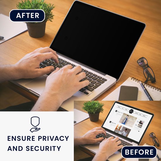Voor- en na-foto's van een laptop met privacyfilter, die privacy en veiligheid garandeert. Toont ook handen die typen op een bureau.
