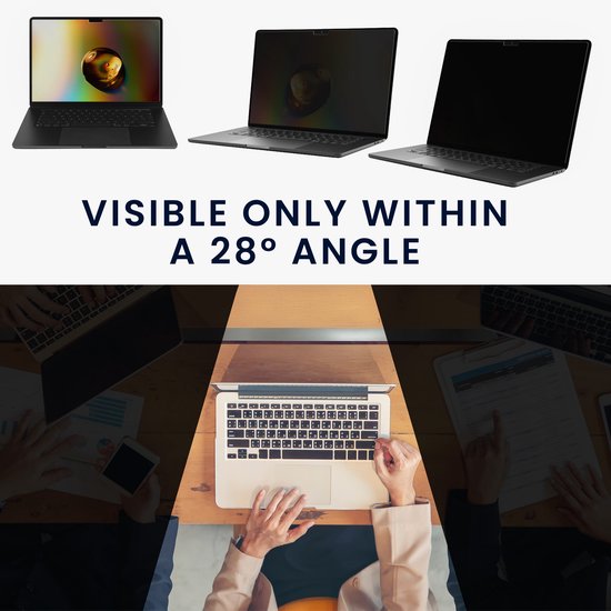 Drie laptops met een privacyfilter: één met zichtbaar beeld, één met gedeeltelijk donker scherm, en één met volledig donker scherm.