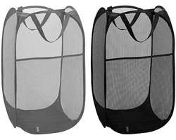 2-Delige opvouwbare wasmand - Opbergmand van gaas - Waszak - Opvouwbare wasmand - Opvouwbare wasmand met verstevigde handgrepen - Geschikt voor zakenreizen - reizen en kamperen (zwart, grijs)