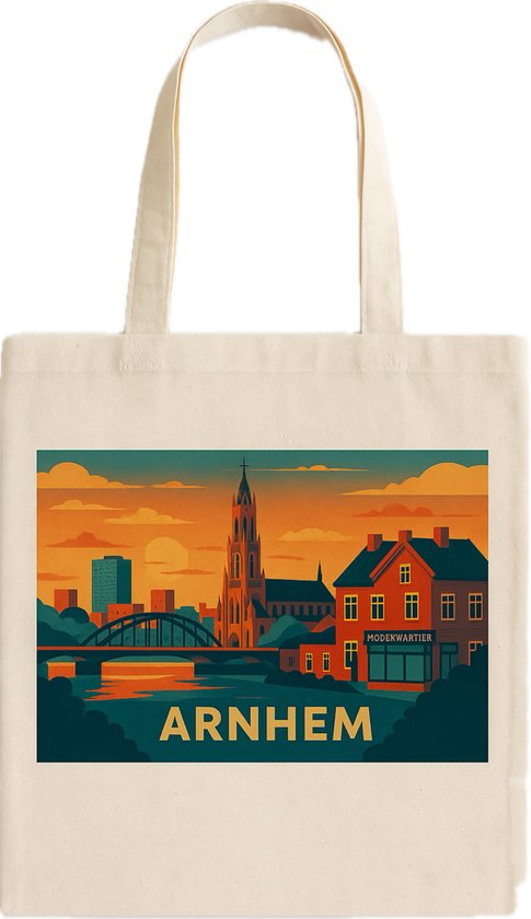 Skyline Arnhem – Duurzame Katoenen Shopper - Skyline - Eusebiuskerk - John Frostbrug - Modekwartier Klarendal – Herbruikbare Stoffen tas – Schoudertas – Souvenir Arnhem - Origineel Cadeau -
