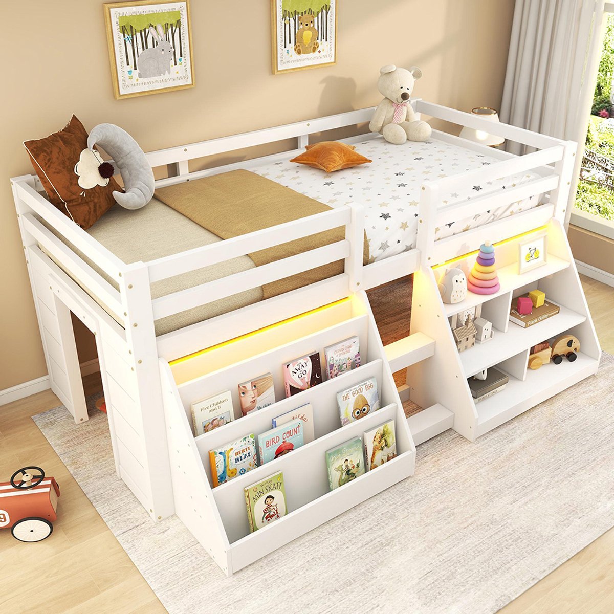 Pugsdrly Halfhoog bed, 90*200 cm, meerdere opbergplanken, bedhekken, ladder, grenenhout, zonder matras, minimalistische stijl, wit