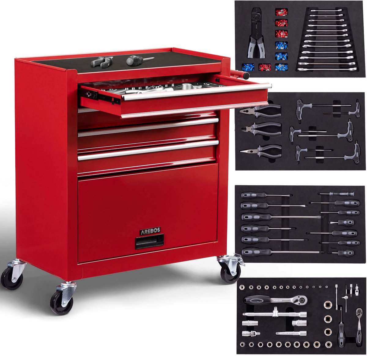 AREBOS Gereedschapswagen met 4 laden - 1 kast - incl Gereedschap - Rood