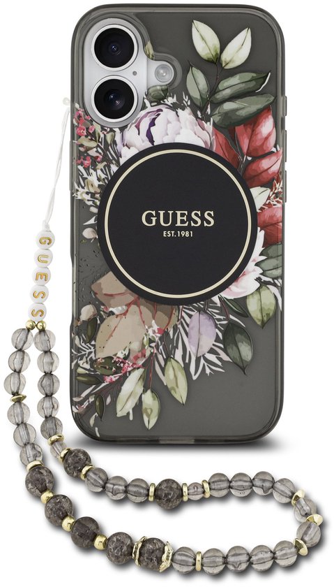 Coque Guess noire avec imprimé floral, cercle logo et cordon perlé brodé.
