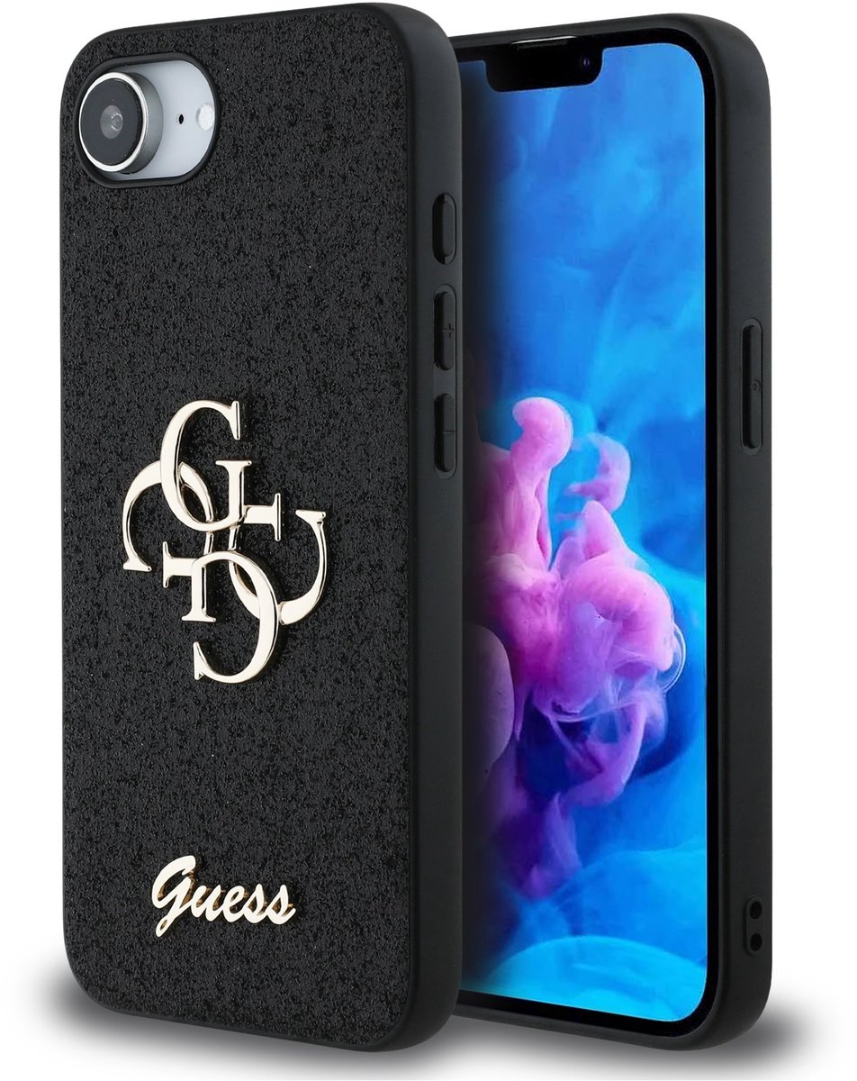 Guess Glitter 4G Metal Logo geschikt voor iPhone 17e / 16e hoesje - Zwart