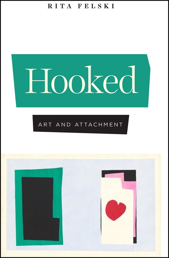 Boekomslag met de titel "Hooked - Art and Attachment" in witte letters op een groene en zwarte achtergrond, met daaronder een abstracte afbeelding van twee vormen.