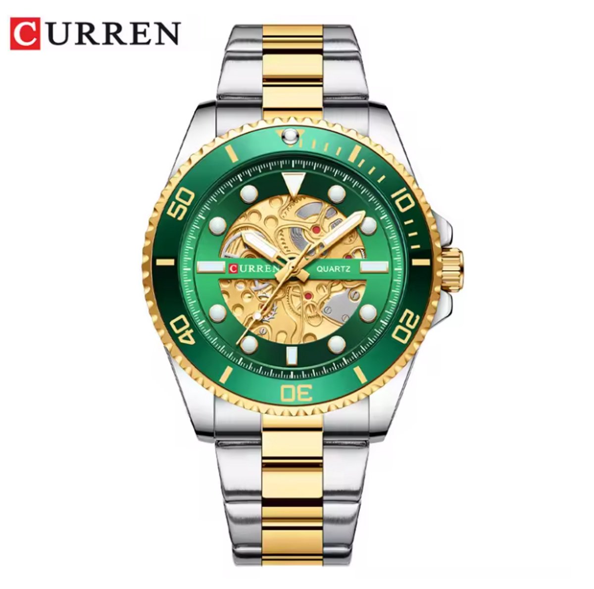 CURREN Horloge 8412 - Zilverkleurig-Goudkleurig-Groen - Heren - Quartz - Lichtgevend - Stalen Band - Luxe en Uniek