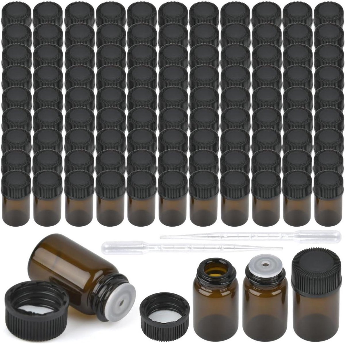 Allecto Plus - Lege bruine glazen flessen, 100 stuks, 2 ml, etherische olie - Flesjes voor aromatherapie in miniformaat