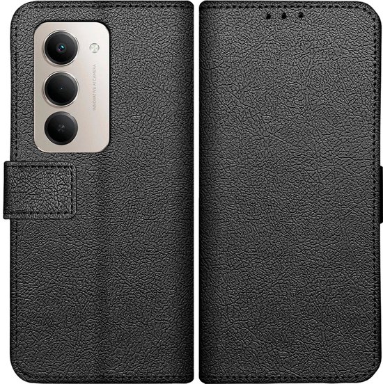 Housse de téléphone noire en forme de livre ouvert, avec texture.