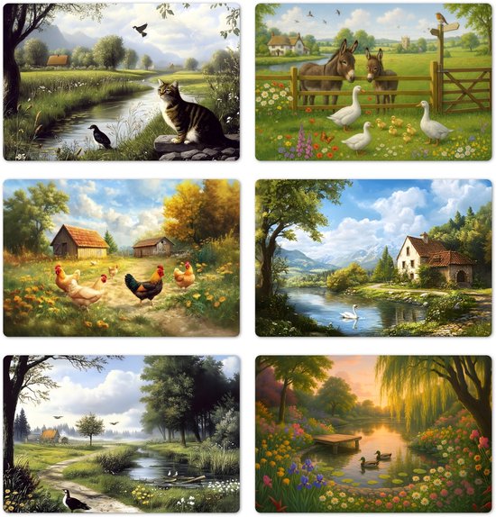 Six sets de table avec scènes champêtres: chat près d'un ruisseau, ânes avec oies, poules près d'une ferme, cygne près d'une maison, oie dans un paysage, canards près d'un lac fleuri.