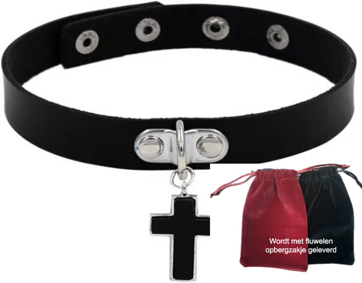 Choker met zwart kruis – Zwarte kunstleer Gothic Choker – Verstelbaar - Geschikt voor een hals omvang 40cm.