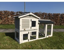 Konijnenhok – dierenverblijf – Avoriaz – met ren - buitenhok – buitenverblijf – voor buiten – hout – met lade – grijs/wit – konijn – nachthok – goedkoop – voordeel - 147x53x85 cm