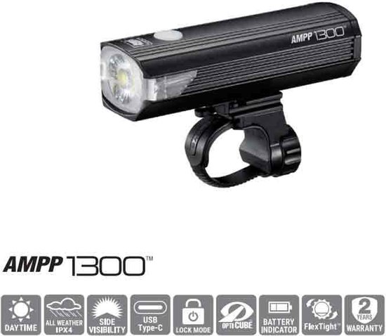 Cateye AMPP1300 Voorlicht - Lumens: 1300 - USB Oplaadbaar - OptiCube Lenstechnologie - 5 Lichtmodi - Zwart — afbeelding 3