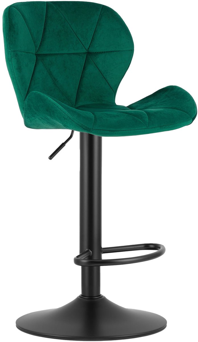 Barkruk WEST – Velvet Groen, Zwarte Basis, Rugleuning, Verstelbare Hoogte, 360° Draaibaar, Comfortabele Voetsteun, Antislip Onderstel, Modern Design, Max. 110 kg