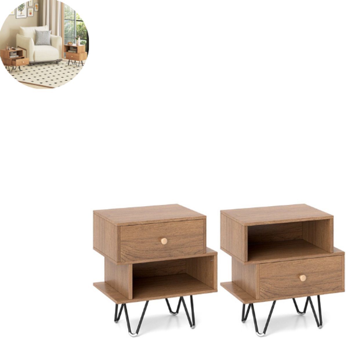 Nachtkastjes - set van 2 - met Lade - Wandkast - Hout - Natuur - Ladekastje - Dressoir - Hal - 29B x 44D x 47H cm