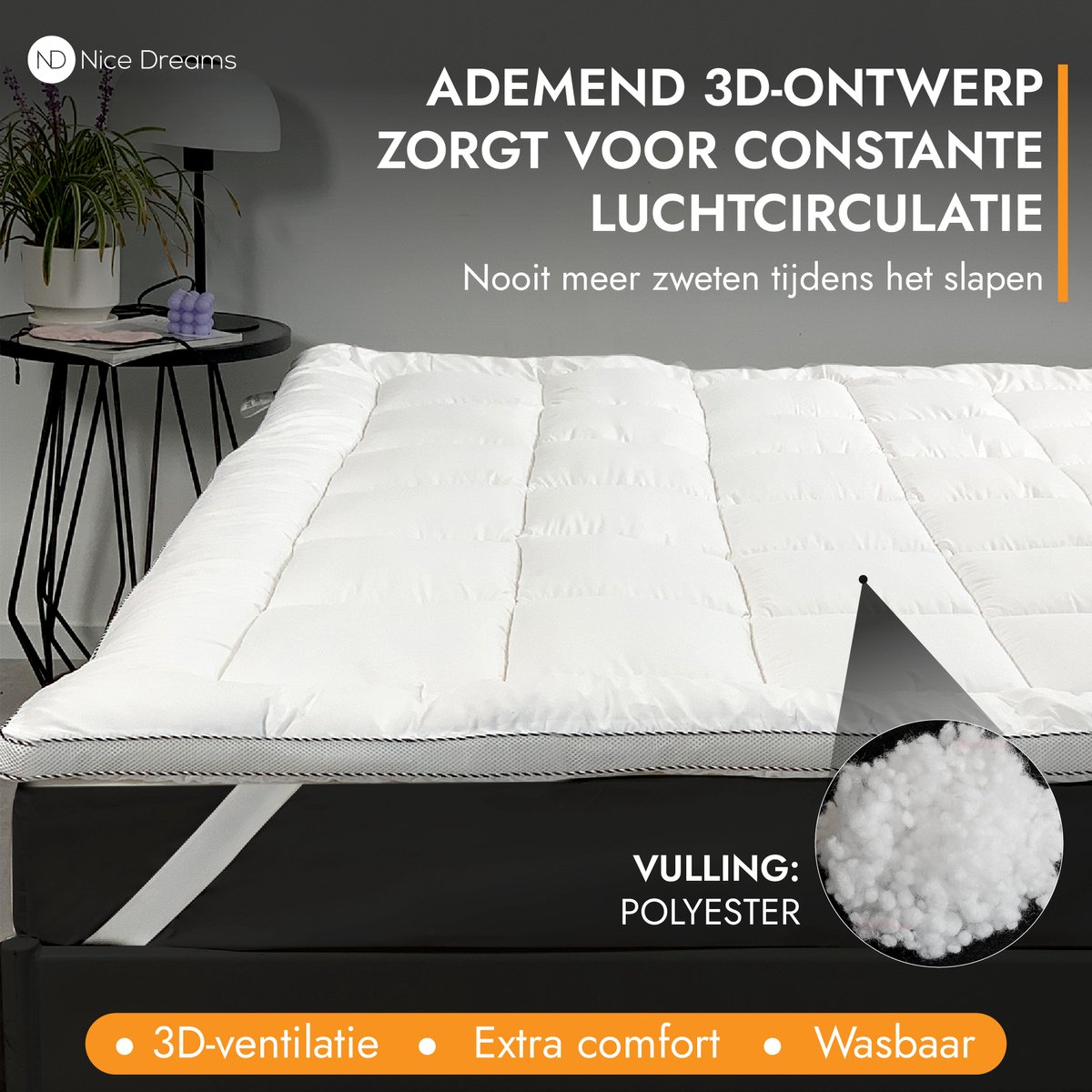 Nice Dreams® Topper 140x200 – Luxe 3D Air Hotel Topmatras – Zachte & Orthopedische Topdekmatras – Wasbaar & Anti-Allergisch – Met Elastische Hoeken – Wit – Tweepersoons thumbnail 4