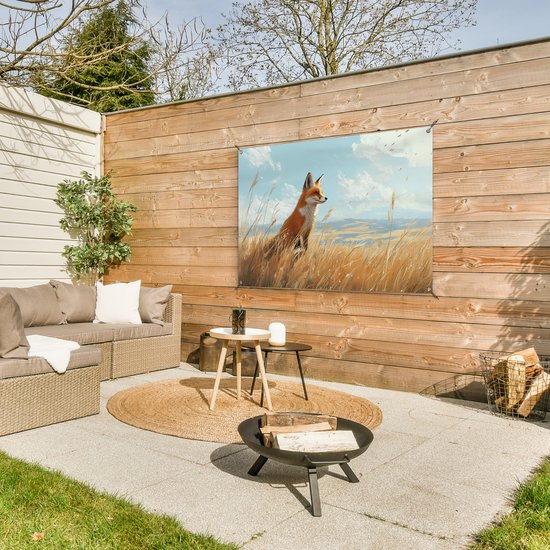 Affiche de jardin 120x80 cm - Décoration de jardin Renard - Herbe - Nuages ​​- Oranje - Affiche pour le jardin - Décoration extérieure - Tableau de jardin clôture - Décoration murale en tissu de jardin - Décoration murale en tissu de balcon