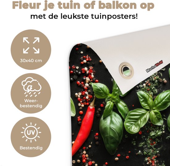 Tuinposter 30x40 cm - Tuindecoratie Chilipepers - Basilicum - Blaadjes - Rood - Poster voor in de tuin - Buiten decoratie - Schutting tuinschilderij - Tuindoek muurdecoratie - Wanddecoratie balkondoek