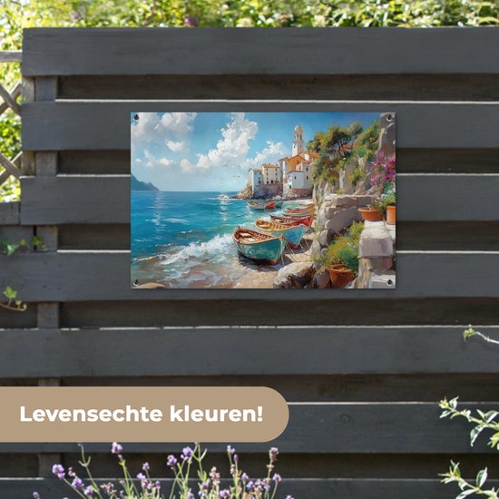 Tuinposter 90x60 cm - Tuindecoratie Boten - Rotsen - Zee - Zon - Poster voor in de tuin - Buiten decoratie - Schutting tuinschilderij - Tuindoek muurdecoratie - Wanddecoratie balkondoek