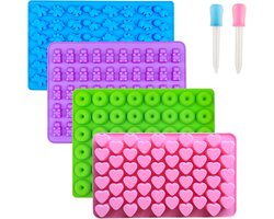 4-delige siliconen snoepvormen - Inclusief 2 pipetten - Anti-aanbak siliconen snoepvormen - Mini siliconen vormen - Inclusief mini dinosaurus, beer, hart en mini donut vormen