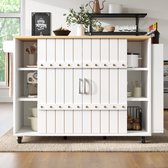 Meuble de cuisine, desserte avec veinure de bois, desserte de cuisine avec roulettes et plan de travail, desserte de cuisine avec étagère à épices et porte-serviettes, îlot de cuisine avec portes coulissantes et tiroirs, blanc