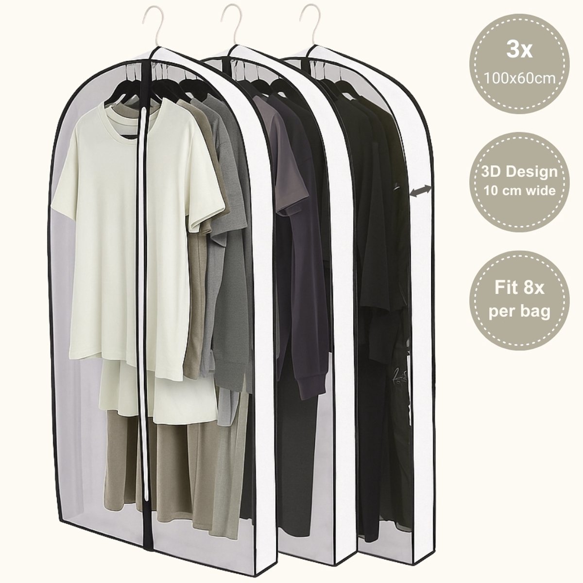 WinFong Kledinghoezen nieuwe 3D Design – 100x60 cm met 10 cm Zijvouw – Set van 3 Transparante Kledingzakken met Rits – Voor 8 Overhemden of 3 Winterjassen – Waterbestendig, Stofvrij & Kreukvrij – Bescherming tegen Motten & Geuren