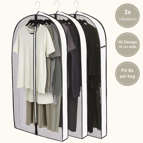 WinFong Kledinghoezen nieuwe 3D Design – 100x60 cm met 10 cm Zijvouw – Set van 3 Transparante Kledingzakken met Rits – Voor 8 Overhemden of 3 Winterjassen – Waterbestendig, Stofvrij & Kreukvrij – Bescherming tegen Motten & Geuren