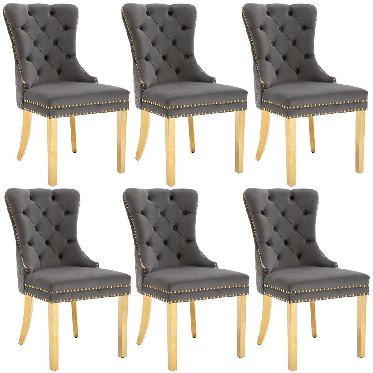 YEHTOKHOME Set van 6 Fluwelen eetkamerstoelen, Keukenstoel woonkamerstoel met deurklopper, Gestoffeerde stoel met klinknagels, Eetkamerstoel in vintage stijl, Gouden metalen poten, Grijs, b 51 x d 65.5 x h 95 cm