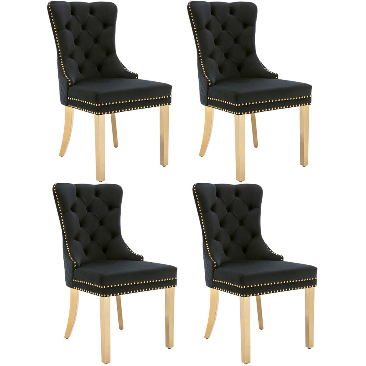 YEHTOKHOME Set van 4 Fluwelen eetkamerstoelen, Keukenstoel woonkamerstoel met deurklopper, Gestoffeerde stoel met klinknagels, Eetkamerstoel in vintage stijl, Gouden metalen poten, Zwart, b 51 x d 65.5 x h 95 cm
