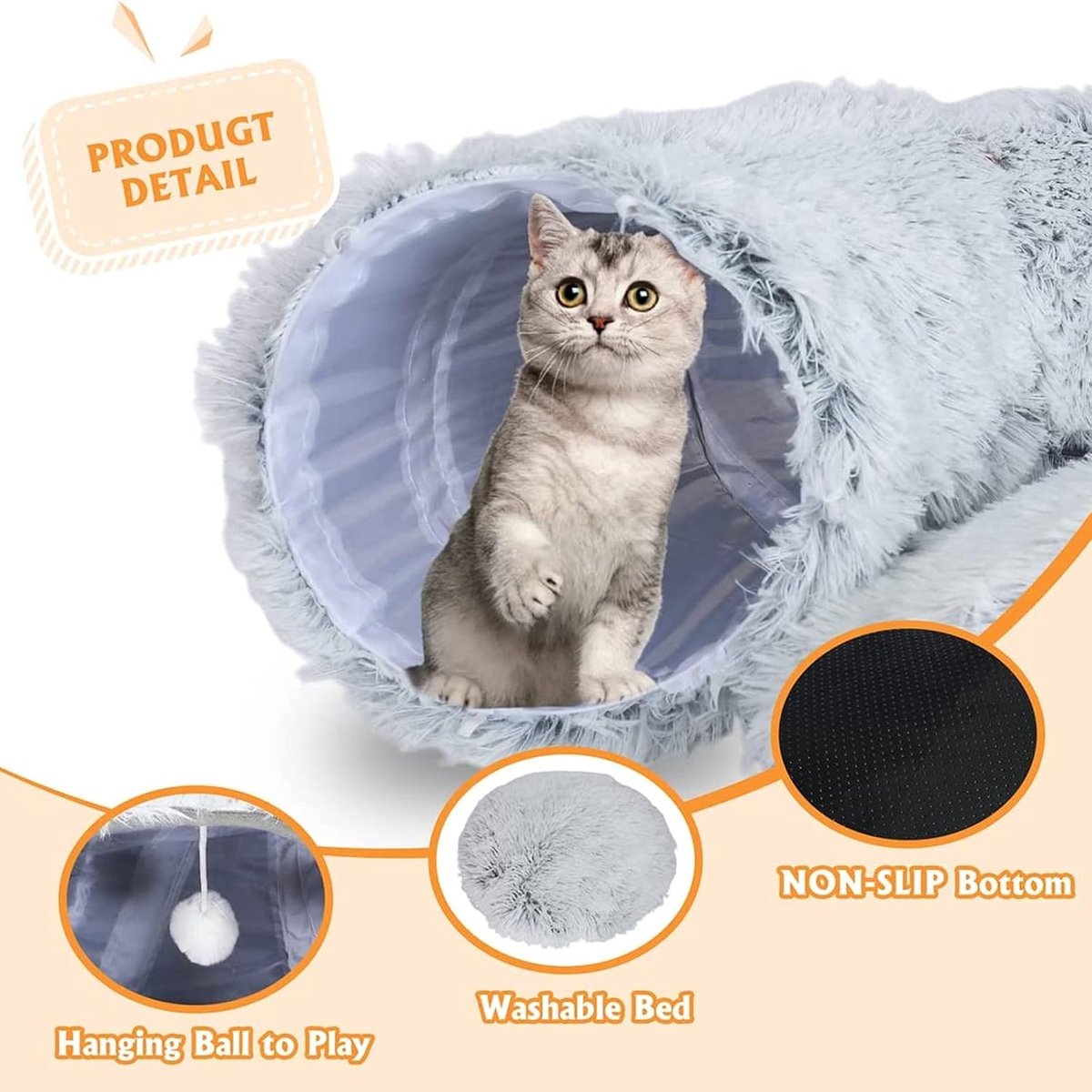Kattentunnel - Kattenbed - kattenmand - Pluche Kattentunnel - Grijs Kattenhuis - Kattentunnel - Opvouwbare Kattengrot – foto 4